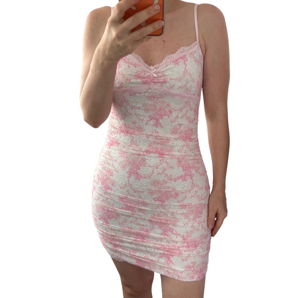 Victoriaโ Secret PINK LoveShackFancy Lace Ruched Mini Dress Pink White XS NWT